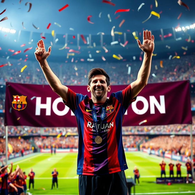 Lionel Messi celebrating a championship victory, standing in a victorious pose with his arms raised in triumph