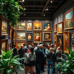 A visually stunning representation of the best artworks in a gallery setting, featuring a variety of classic and contemporary paintings