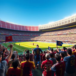 A vibrant scene depicting a football match at the HOMAYON stadium in Barcelona