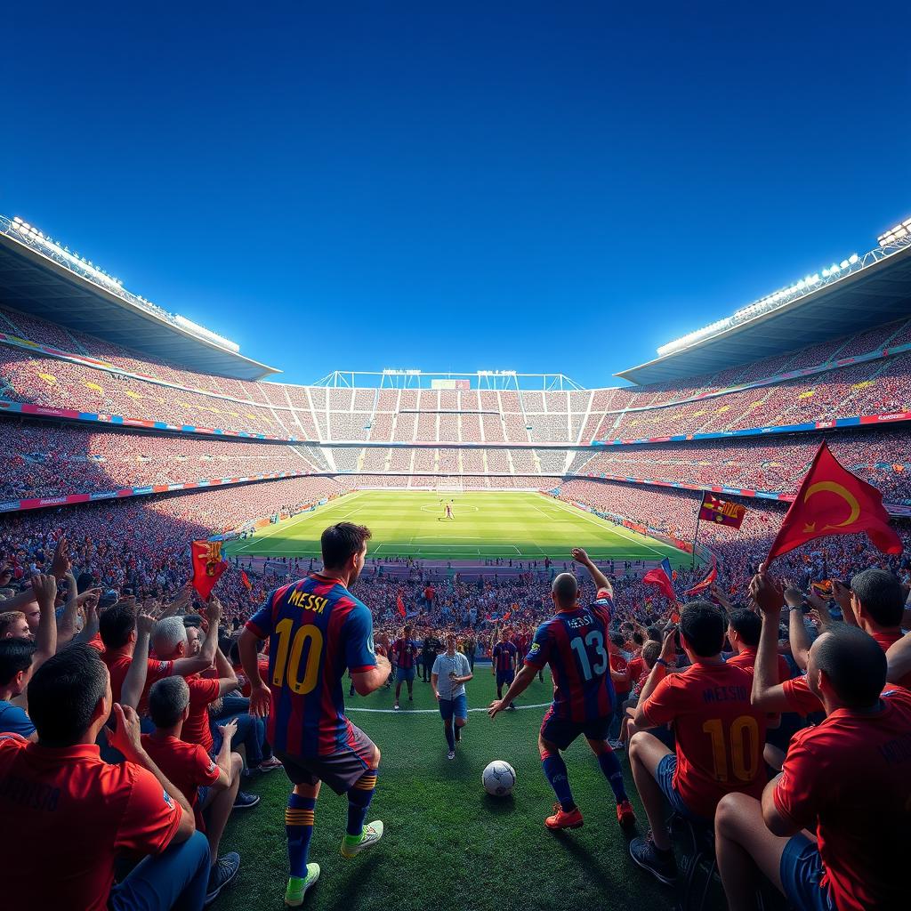 A vibrant scene depicting a football match at the HOMAYON stadium in Barcelona