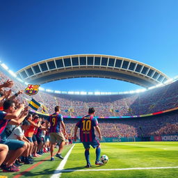 A vibrant scene depicting a football match at the HOMAYON stadium in Barcelona