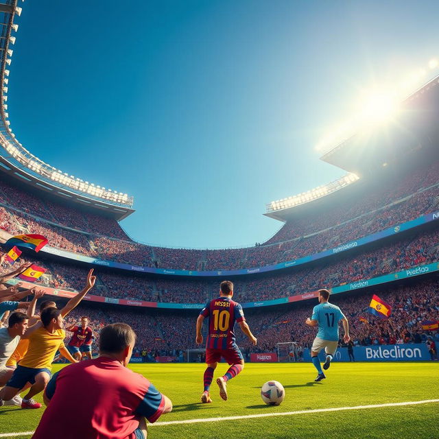 A vibrant scene depicting a football match at the HOMAYON stadium in Barcelona