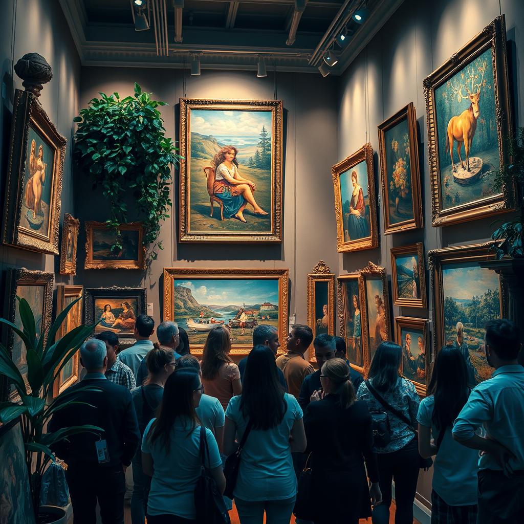 A visually stunning representation of the best artworks in a gallery setting, featuring a variety of classic and contemporary paintings