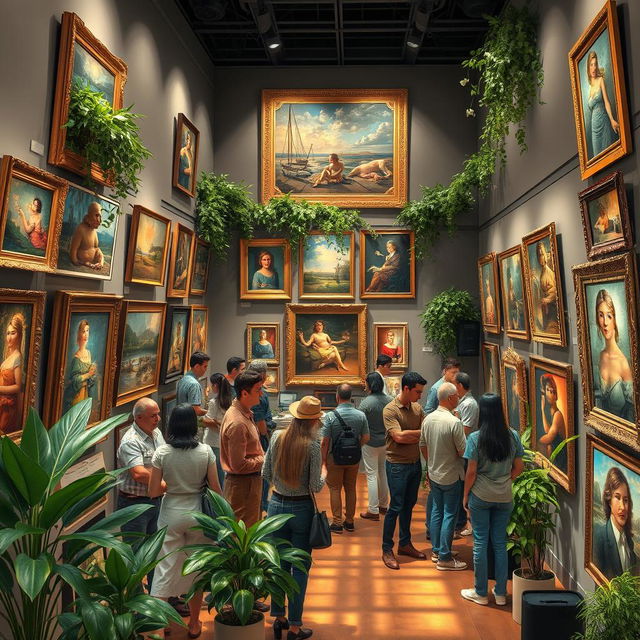 A visually stunning representation of the best artworks in a gallery setting, featuring a variety of classic and contemporary paintings