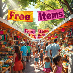 A lively and inviting scene depicting a marketplace filled with a variety of colorful products being offered for free