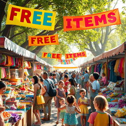 A lively and inviting scene depicting a marketplace filled with a variety of colorful products being offered for free