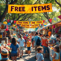 A lively and inviting scene depicting a marketplace filled with a variety of colorful products being offered for free