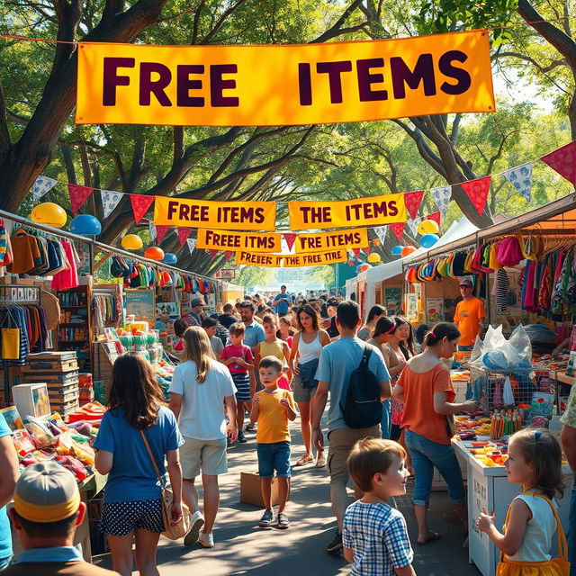 A lively and inviting scene depicting a marketplace filled with a variety of colorful products being offered for free