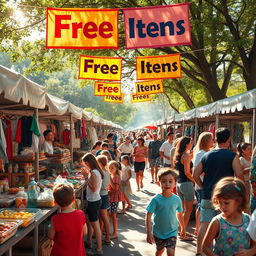 A lively and inviting scene depicting a marketplace filled with a variety of colorful products being offered for free
