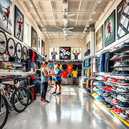 A vibrant and inviting sports shop interior, showcasing a wide variety of sports equipment and apparel