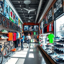 A vibrant and inviting sports shop interior, showcasing a wide variety of sports equipment and apparel