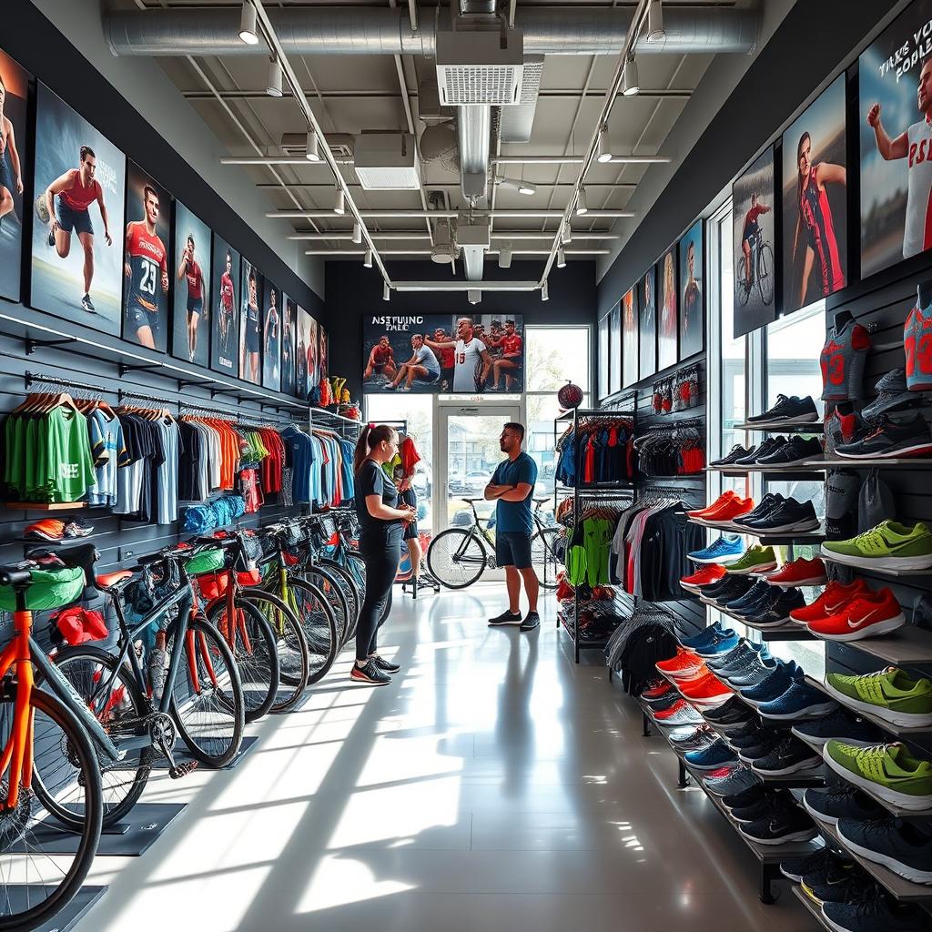 A vibrant and inviting sports shop interior, showcasing a wide variety of sports equipment and apparel