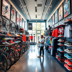 A vibrant and inviting sports shop interior, showcasing a wide variety of sports equipment and apparel