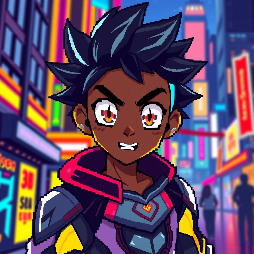 A pixel art representation of a black male anime character, featuring vibrant colors and detailed character design