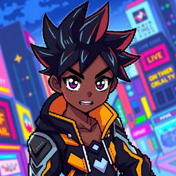 A pixel art representation of a black male anime character, featuring vibrant colors and detailed character design