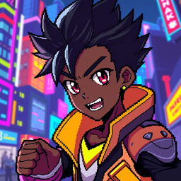 A pixel art representation of a black male anime character, featuring vibrant colors and detailed character design