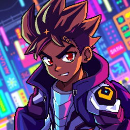 A pixel art representation of a black male anime character, featuring vibrant colors and detailed character design