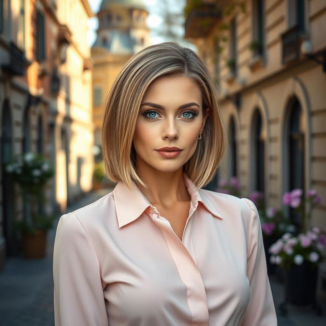 A stunning Russian woman aged 35 to 45, exuding elegance and grace