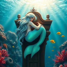 A serene and beautifully ornate mermaid resting on a grand wooden pulpit, surrounded by shimmering ocean waves and vibrant coral