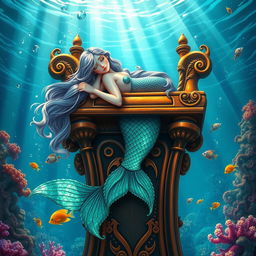 A serene and beautifully ornate mermaid resting on a grand wooden pulpit, surrounded by shimmering ocean waves and vibrant coral