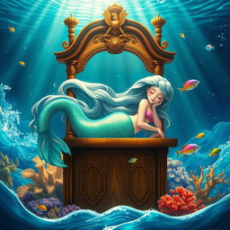 A serene and beautifully ornate mermaid resting on a grand wooden pulpit, surrounded by shimmering ocean waves and vibrant coral