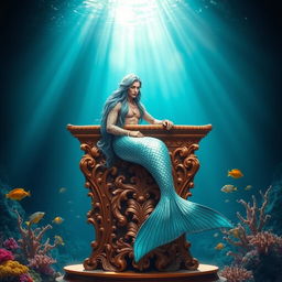 A majestic merman elegantly seated on an intricately carved wooden pulpit, surrounded by a mystical underwater environment