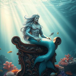 A majestic merman elegantly seated on an intricately carved wooden pulpit, surrounded by a mystical underwater environment