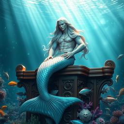 A majestic merman elegantly seated on an intricately carved wooden pulpit, surrounded by a mystical underwater environment