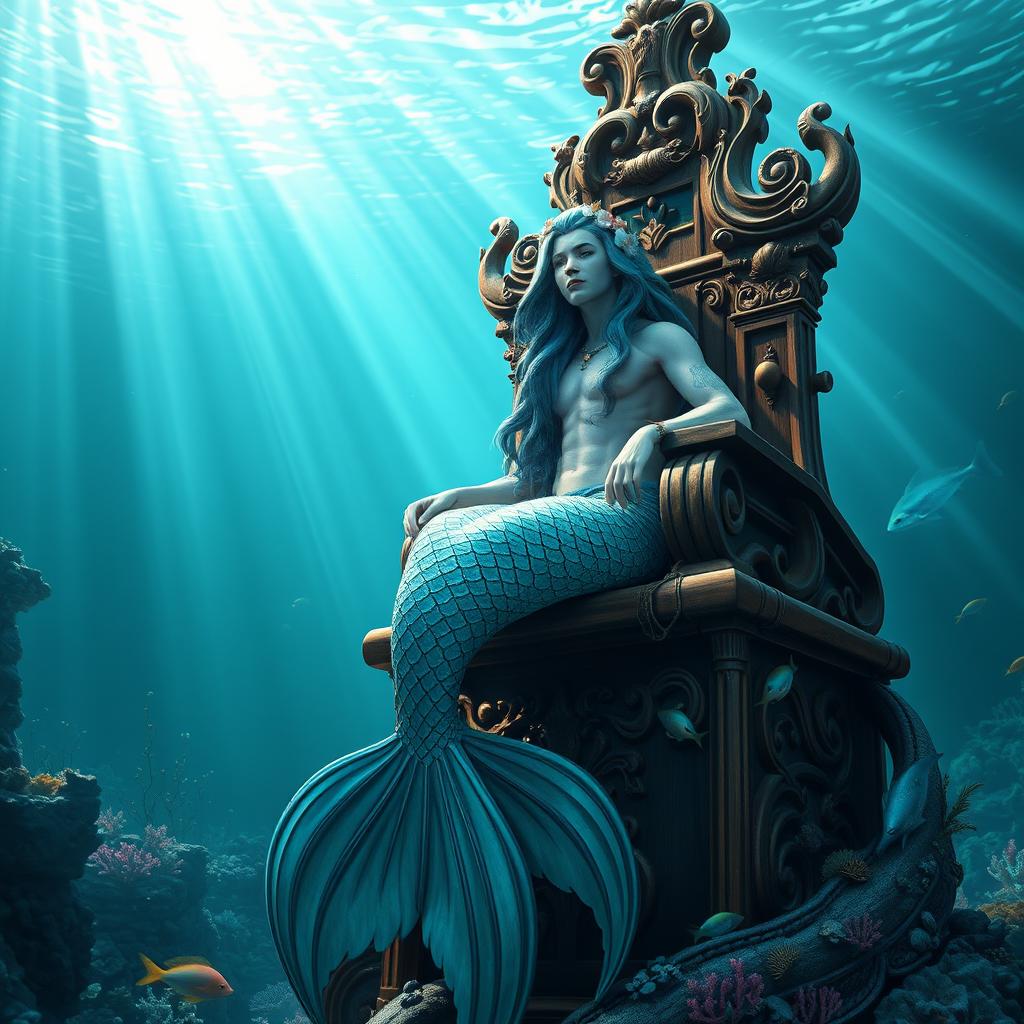 A majestic merman elegantly seated on an intricately carved wooden pulpit, surrounded by a mystical underwater environment