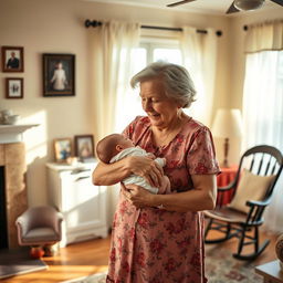An elderly woman with gray hair, dressed in a simple yet elegant floral dress, carrying a sleeping baby in her arms while standing in a cozy living room filled with warm sunlight