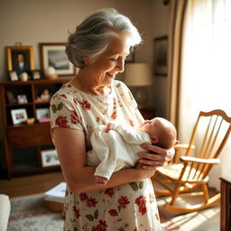 An elderly woman with gray hair, dressed in a simple yet elegant floral dress, carrying a sleeping baby in her arms while standing in a cozy living room filled with warm sunlight