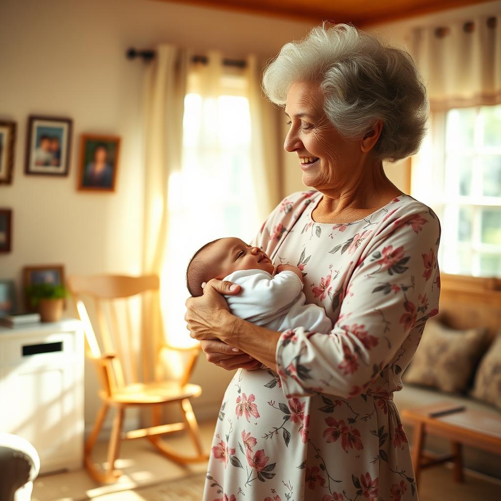 An elderly woman with gray hair, dressed in a simple yet elegant floral dress, carrying a sleeping baby in her arms while standing in a cozy living room filled with warm sunlight