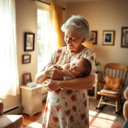 An elderly woman with gray hair, dressed in a simple yet elegant floral dress, carrying a sleeping baby in her arms while standing in a cozy living room filled with warm sunlight