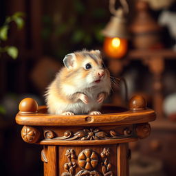 A cute, fluffy hamster sitting comfortably on a beautifully crafted wooden pulpit, showcasing its soft fur and adorable round features