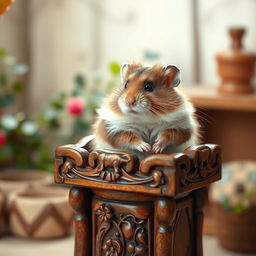 A cute, fluffy hamster sitting comfortably on a beautifully crafted wooden pulpit, showcasing its soft fur and adorable round features