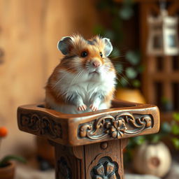 A cute, fluffy hamster sitting comfortably on a beautifully crafted wooden pulpit, showcasing its soft fur and adorable round features