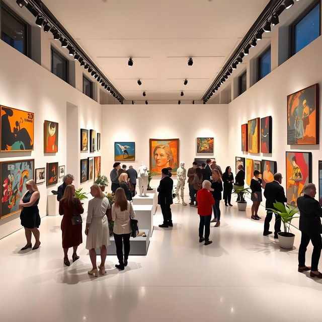 An elegant and spacious art gallery showcasing a diverse collection of modern art pieces