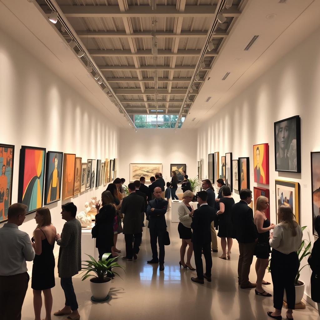 An elegant and spacious art gallery showcasing a diverse collection of modern art pieces