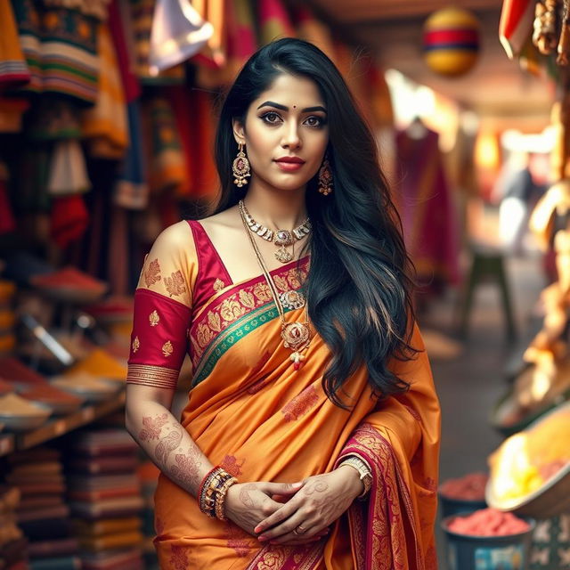 A voluptuous South Asian woman dressed in traditional Indian clothing, standing gracefully in a vibrant market filled with colorful textiles and aromatic spices