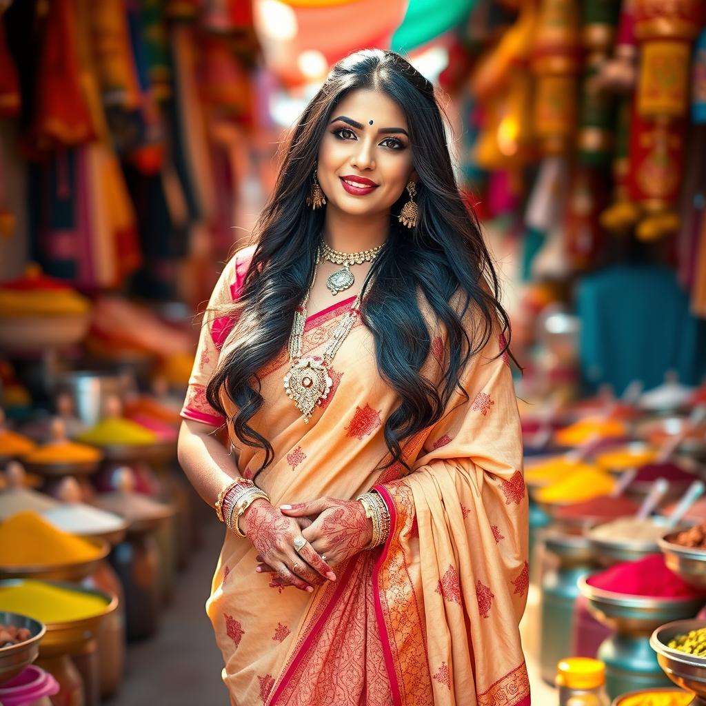 A voluptuous South Asian woman dressed in traditional Indian clothing, standing gracefully in a vibrant market filled with colorful textiles and aromatic spices