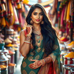 A voluptuous South Asian woman dressed in traditional Indian clothing, standing gracefully in a vibrant market filled with colorful textiles and aromatic spices