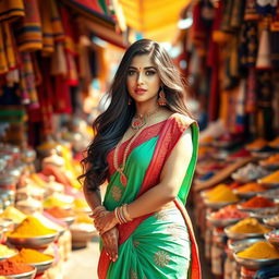 A voluptuous South Asian woman dressed in traditional Indian clothing, standing gracefully in a vibrant market filled with colorful textiles and aromatic spices