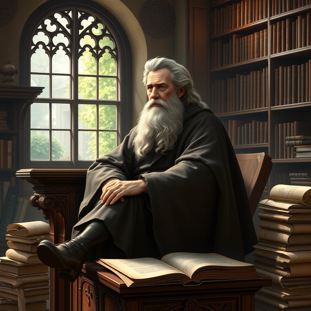 A serene and contemplative depiction of the philosopher Theodor sitting on a pulpit, surrounded by books and ancient scrolls