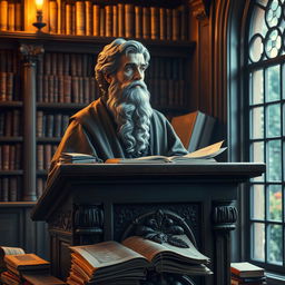 A serene and contemplative depiction of the philosopher Theodor sitting on a pulpit, surrounded by books and ancient scrolls