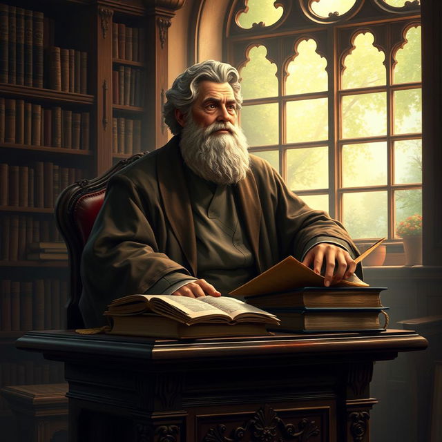 A serene and contemplative depiction of the philosopher Theodor sitting on a pulpit, surrounded by books and ancient scrolls