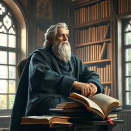 A serene and contemplative depiction of the philosopher Theodor sitting on a pulpit, surrounded by books and ancient scrolls