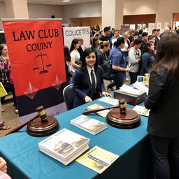 A vibrant law club booth at a college fair, showcasing a large, richly decorated table with a dignified judge's gavel prominently displayed