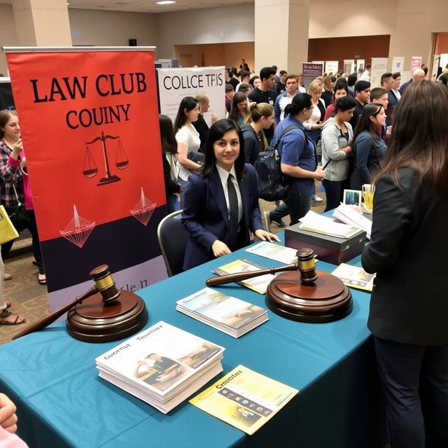A vibrant law club booth at a college fair, showcasing a large, richly decorated table with a dignified judge's gavel prominently displayed