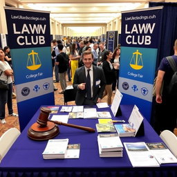 A vibrant law club booth at a college fair, showcasing a large, richly decorated table with a dignified judge's gavel prominently displayed