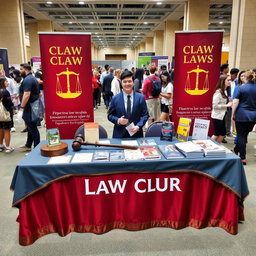 A vibrant law club booth at a college fair, showcasing a large, richly decorated table with a dignified judge's gavel prominently displayed
